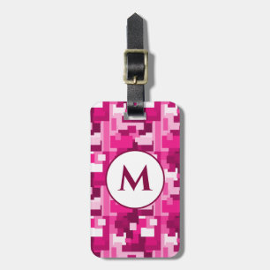 Cute Hot Pink Digital Camo Pattern with Monogram Luggage Tag