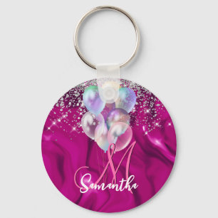 Cute hot pink faux silver glitter balloon monogram keychain