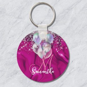 Cute hot pink faux silver glitter balloon monogram keychain
