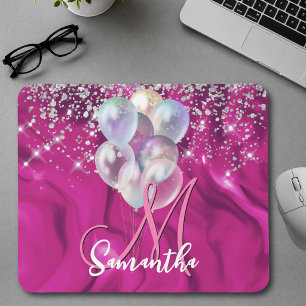 Cute hot pink faux silver glitter balloon monogram mouse pad