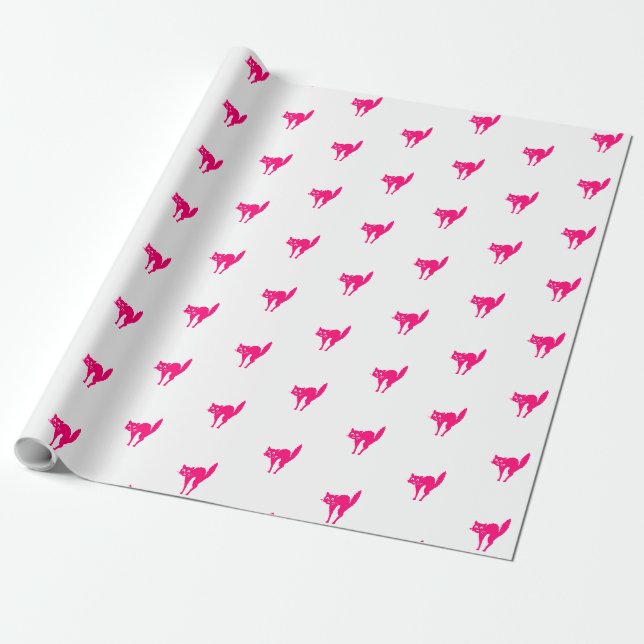 Cute hot pink fuchsia white cat pattern gift wrapping paper (Unrolled)