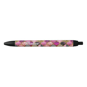 Cute hot pink gold mermaid scales girly black ink pen