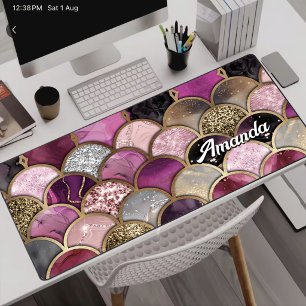 Cute hot pink gold mermaid scales girly desk mat