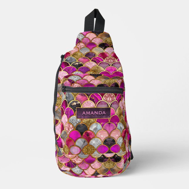 Cute hot pink gold mermaid scales girly sling bag (Front)