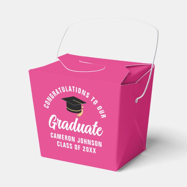 Cute Hot Pink Graduation Party Personalized Favor Box (Front Side)
