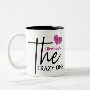 Cute Hot pink Heart The Crazy One Monogram Two-Tone Coffee Mug