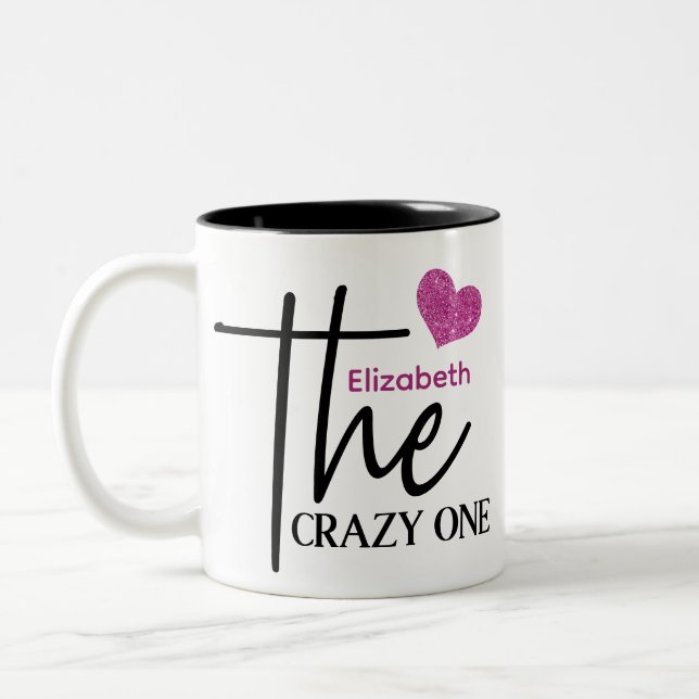 Cute Hot pink Heart The Crazy One Monogram Two-Tone Coffee Mug (Left)