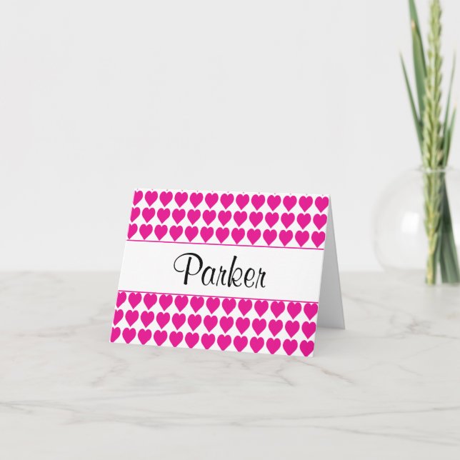 Cute Hot Pink Hearts Girls Personalized Stationery Note Card (Front)