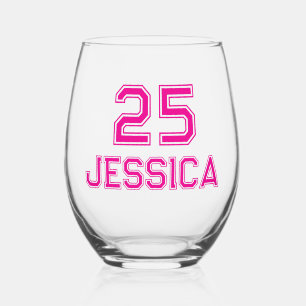 Cute Hot Pink Name Number All Caps Team Sport font Stemless Wine Glass