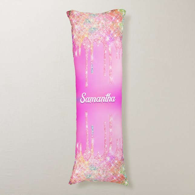 Cute hot Pink Rainbow Glitter Drips monogram  Body Pillow (Front Vertical)