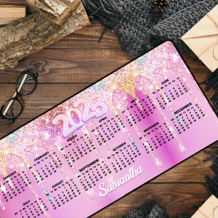 Cute hot Pink Rainbow Glitter Drips monogram  Desk Mat