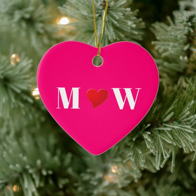 Cute hot pink red heart custom couple monogram ceramic ornament (Tree)