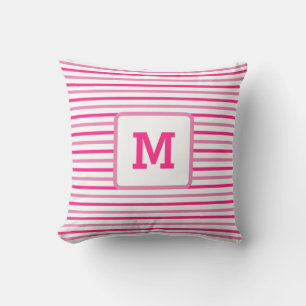 Cute Hot Pink Stripes Custom Single Initial White Throw Pillow