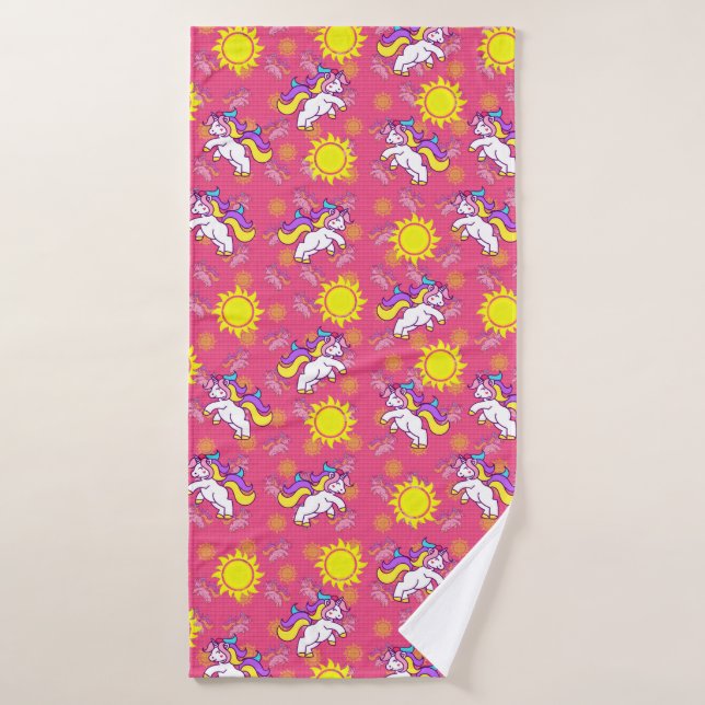 Cute Hot Pink Sunny Unicorn Pattern Design Bath Towel (Bath Towel)