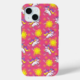 Cute Hot Pink Sunny Unicorn Pattern Design iPhone 15 Case