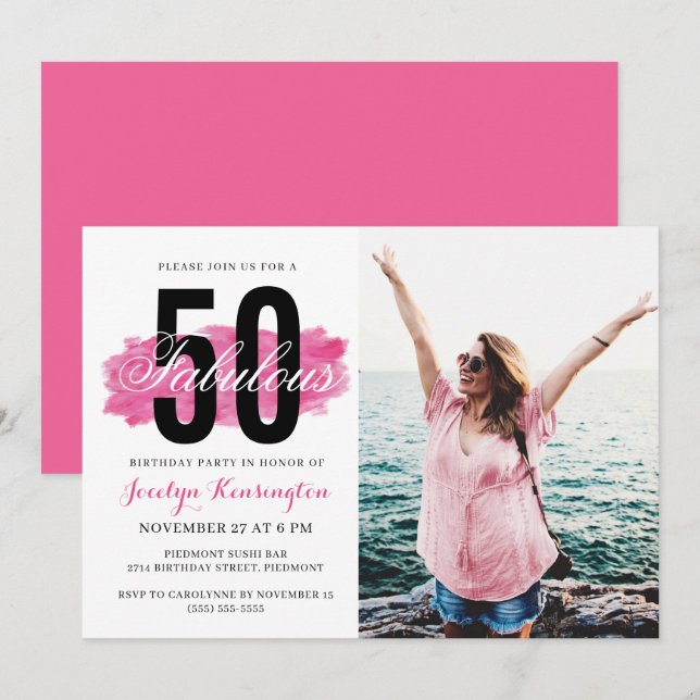Cute Hot Pink Watercolor 50th Birthday Party Photo Invitation (Front/Back)