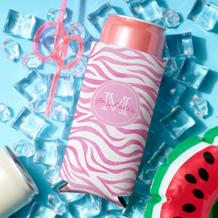 Cute Hot Pink Watercolor Zebra Print Monogram Seltzer Can Cooler