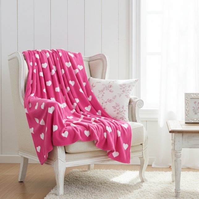 Cute Hot Pink with White Hearts  Fleece Blanket (Cute Hot Pink with White Hearts Fleece Blanket)
