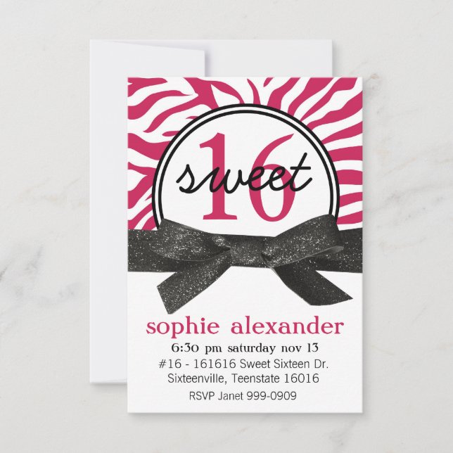 Cute Hot Pink Zebra Pattern Sweet 16 Party Invitation (Front)