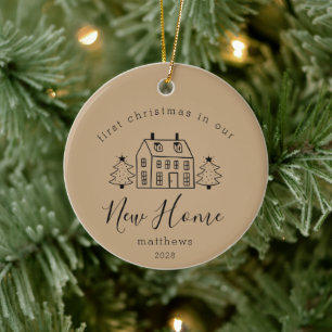 Cute House and Christmas Trees New Home Name Sand  Ceramic Ornament