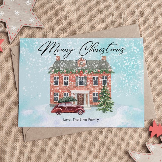 Cute House and Snow Christmas Flat Holiday Card (Creator Uploaded)