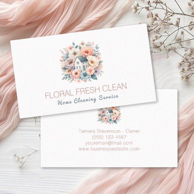 Cute House Cleaning Service Floral Business Card (Creator Uploaded)