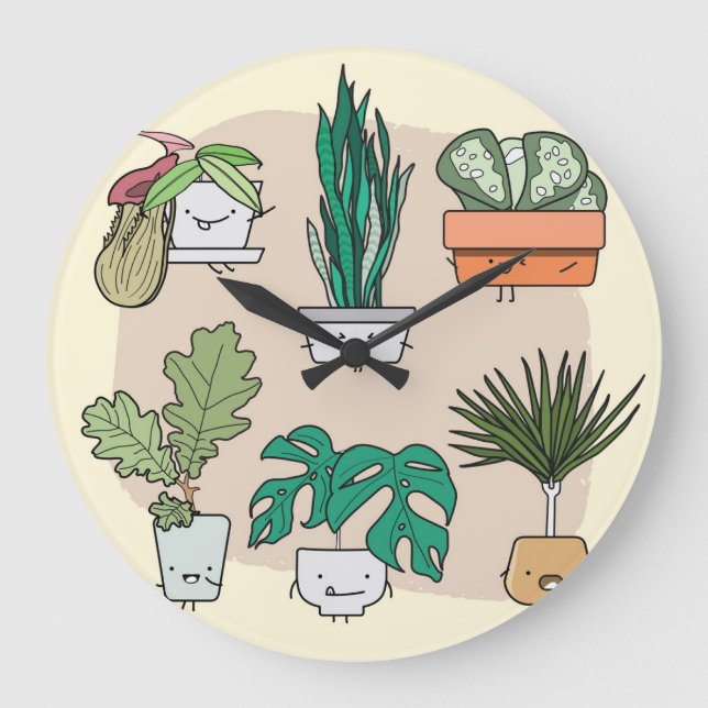 Cute House Plants: Colourful Botanical. Large Clock (Front)