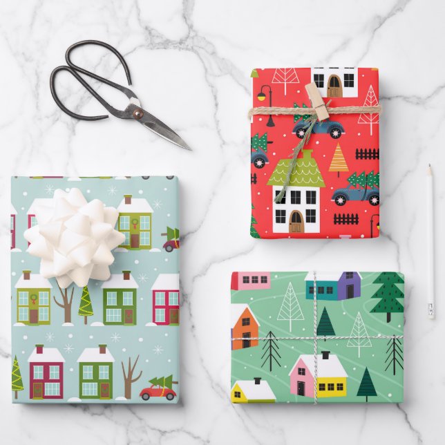 Cute House Themed Christmas Pattern Wrapping Paper Sheet (Front)