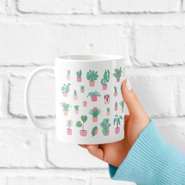 Cute Houseplant Pattern with Minimalist Potted Pla Coffee Mug (Creator Uploaded)