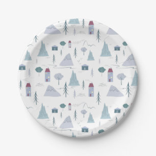 Cute Houses Trees Mountains Modern Pattern Paper Plate