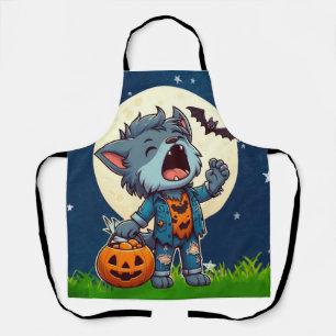 Cute howling werewolf monster with pumpkin apron