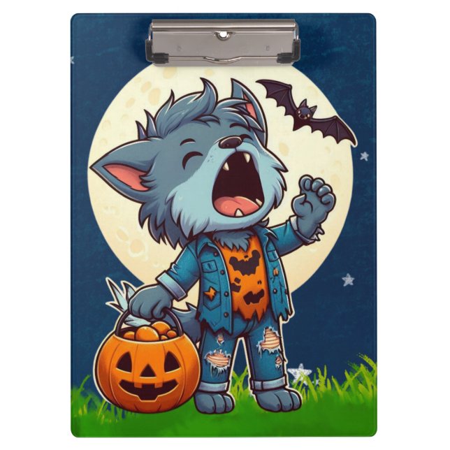 Cute howling werewolf monster with pumpkin clipboard (Front)