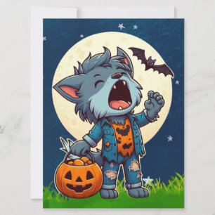 Cute howling werewolf monster with pumpkin holiday card