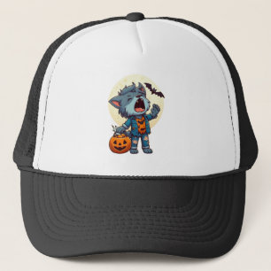 Cute howling werewolf monster with pumpkin trucker hat