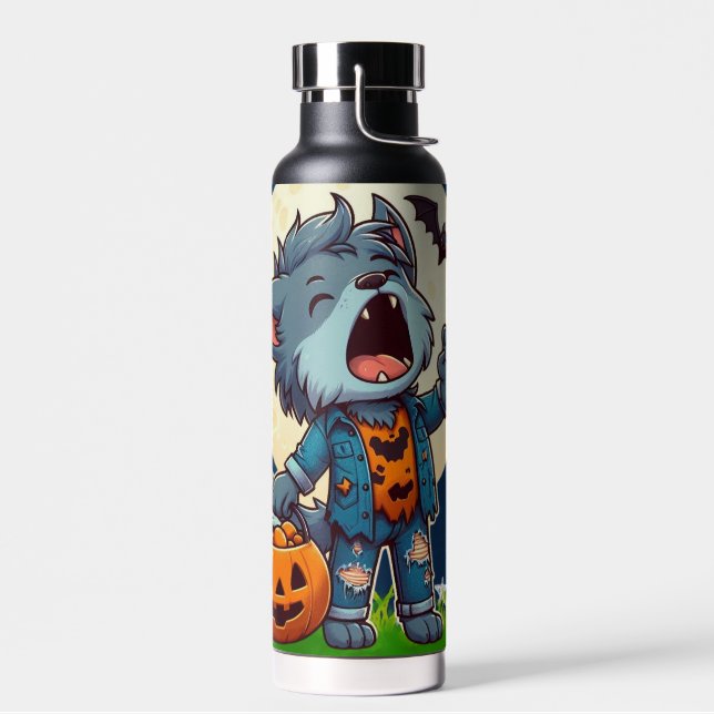 Cute howling werewolf monster with pumpkin water bottle (Left)