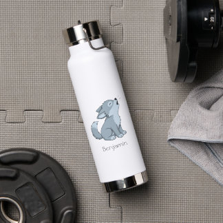 Cute Howling Wolf Pup Custom Name Water Bottle