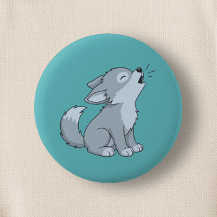 Cute Howling Wolf Pup on Green 2 Inch Round Button