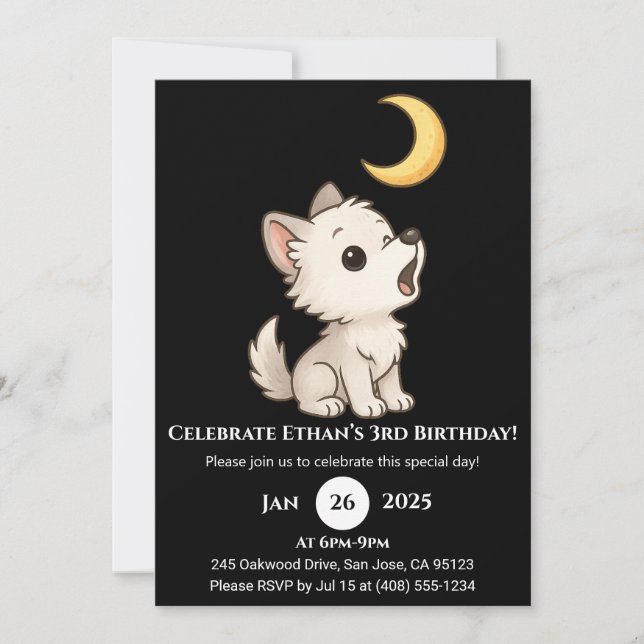 Cute Howling Wolf Under Moon Birthday Invitation (Front)