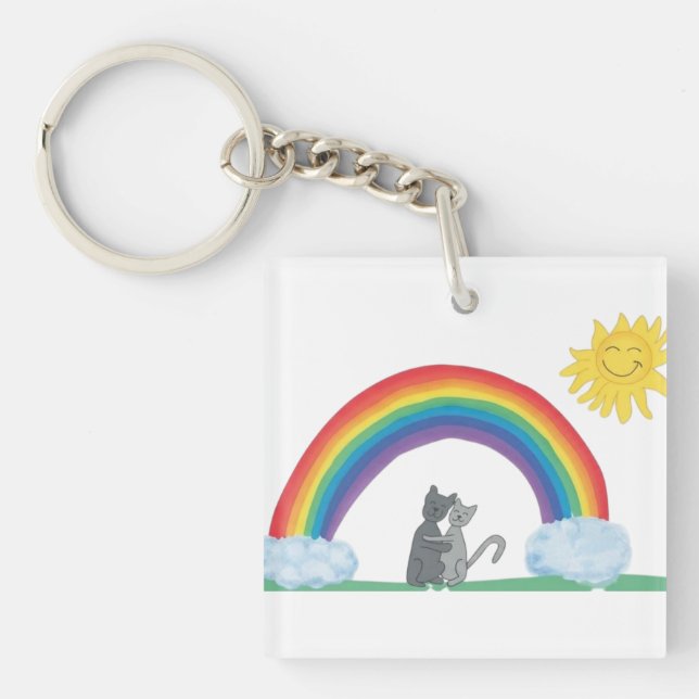 Cute Hugging Cats Under Rainbow and Sun Keychain (Front)