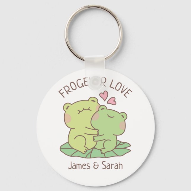 Cute Hugging Frogs Frogever Love Pun Keychain (Front)