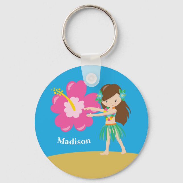 Cute Hula Girl Kids Custom Blue Beach Monogram Keychain (Front)