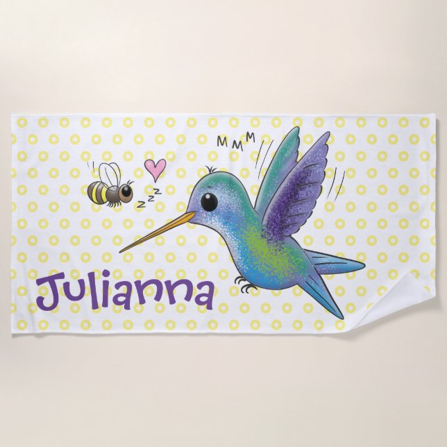 Cute hummingbird and bee cartoon illustration beach towel (Front)