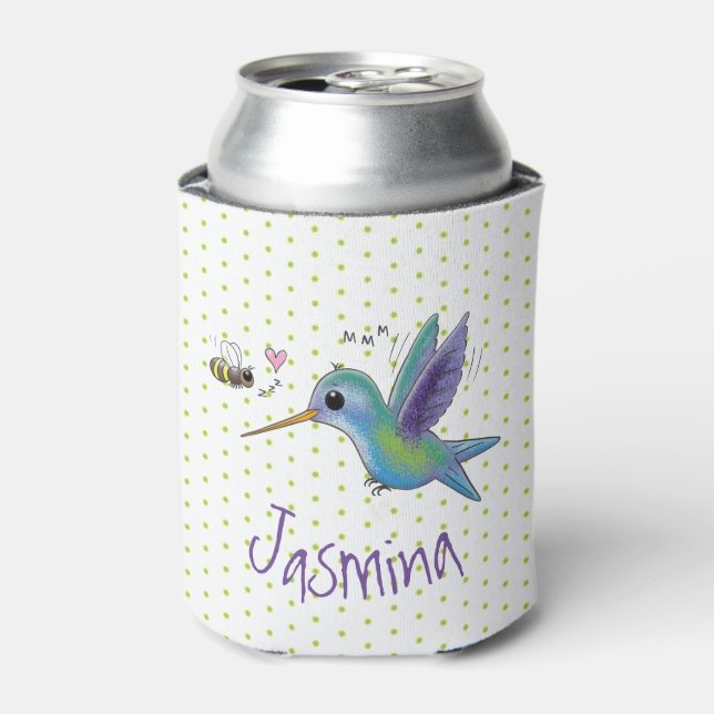 Cute hummingbird and bee cartoon illustration can cooler (Can Front)