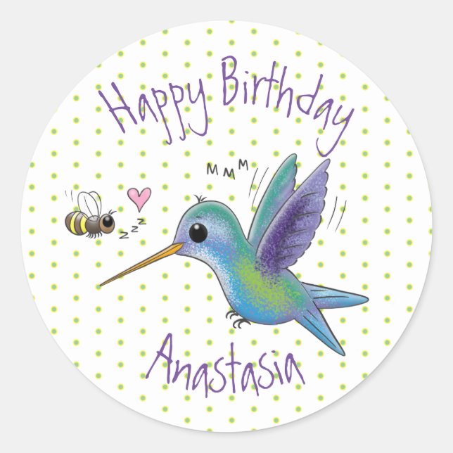 Cute hummingbird and bee cartoon illustration classic round sticker (Front)