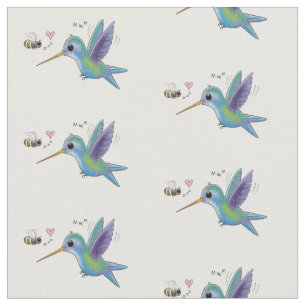 Cute hummingbird and bee cartoon illustration fabric