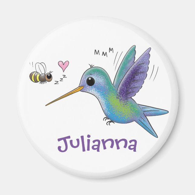 Cute hummingbird and bee cartoon illustration magnet (Front)