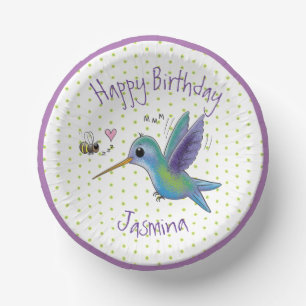Cute hummingbird and bee cartoon illustration paper plate
