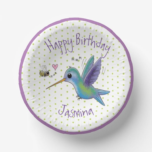 Cute hummingbird and bee cartoon illustration paper plate (Front)