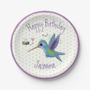 Cute hummingbird and bee cartoon illustration paper plate