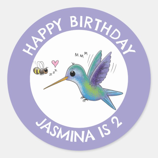 Cute hummingbird and bee cartoon personalized classic round sticker (Front)